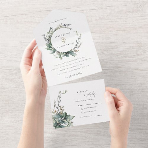 Rustic Watercolor Green Foliage Wreath Wedding All In One Invitation