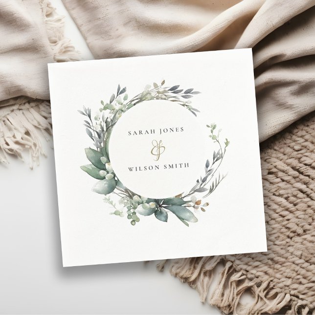 Rustic Watercolor Green Foliage Wreath Wedding Napkins (Creator Uploaded)