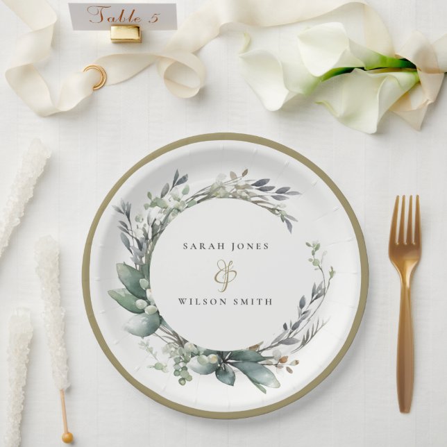 Rustic Watercolor Green Foliage Wreath Wedding Paper Plates (Wedding)