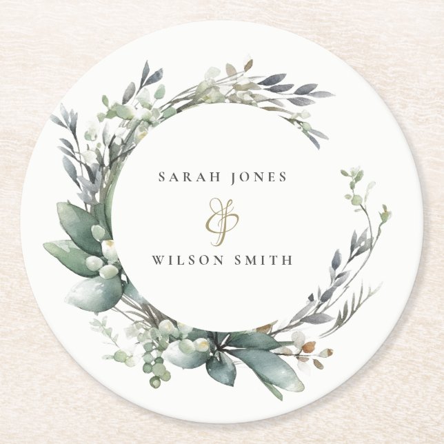 Rustic Watercolor Green Foliage Wreath Wedding Round Paper Coaster (Front)