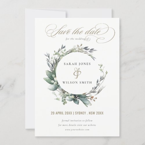 Rustic Watercolor Green Foliage Wreath Wedding Save The Date