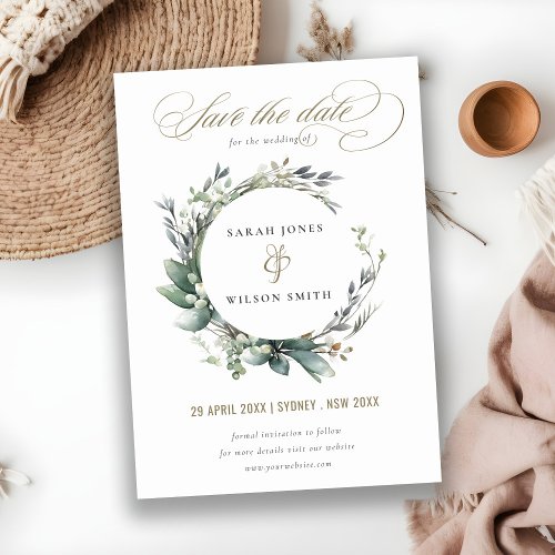 Rustic Watercolor Green Foliage Wreath Wedding Save The Date