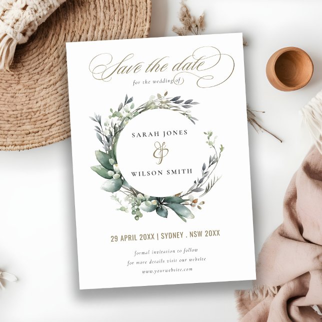 Rustic Watercolor Green Foliage Wreath Wedding Save The Date (Creator Uploaded)
