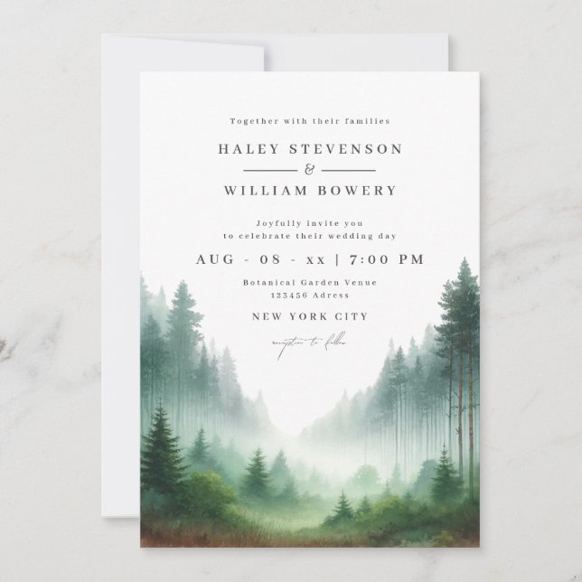 Rustic Watercolor Green Forest Destiantion Wedding Invitation (Front)
