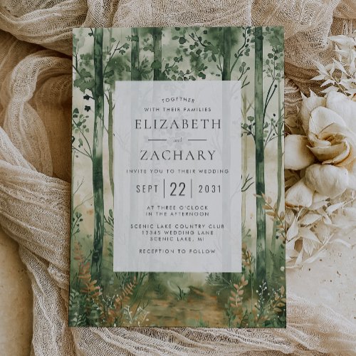 Rustic Watercolor Green Gold Woodland Wedding Invitation