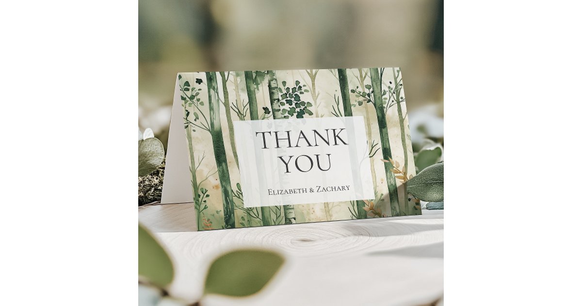 Rustic Watercolor Green Gold Woodland Wedding Thank You Card | Zazzle