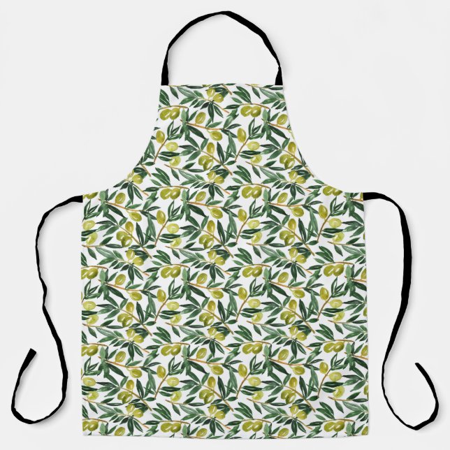 Rustic Watercolor Green Olives Pattern Apron (Front)