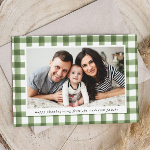 Rustic Watercolor Green Plaid Photo Thanksgiving Holiday Card