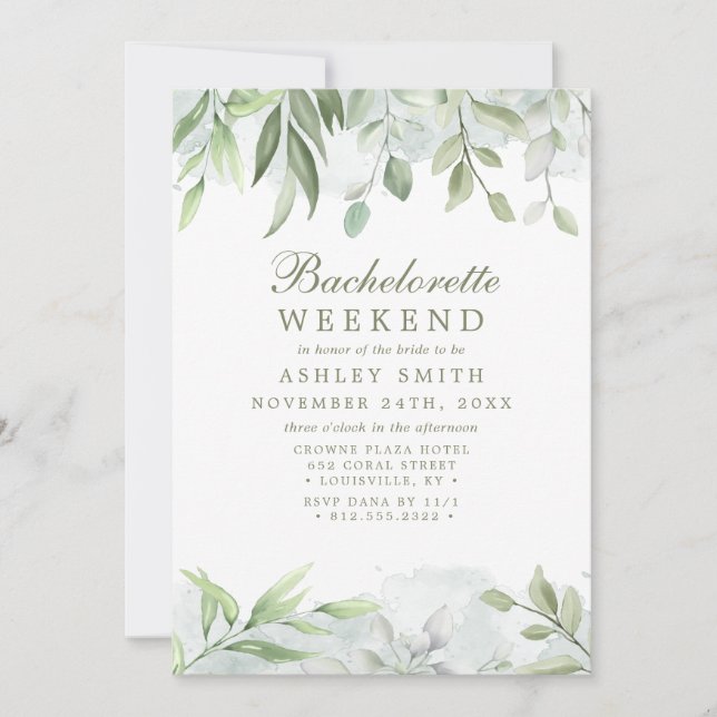 Rustic Watercolor Greenery Bachelorette Weekend Invitation (Front)