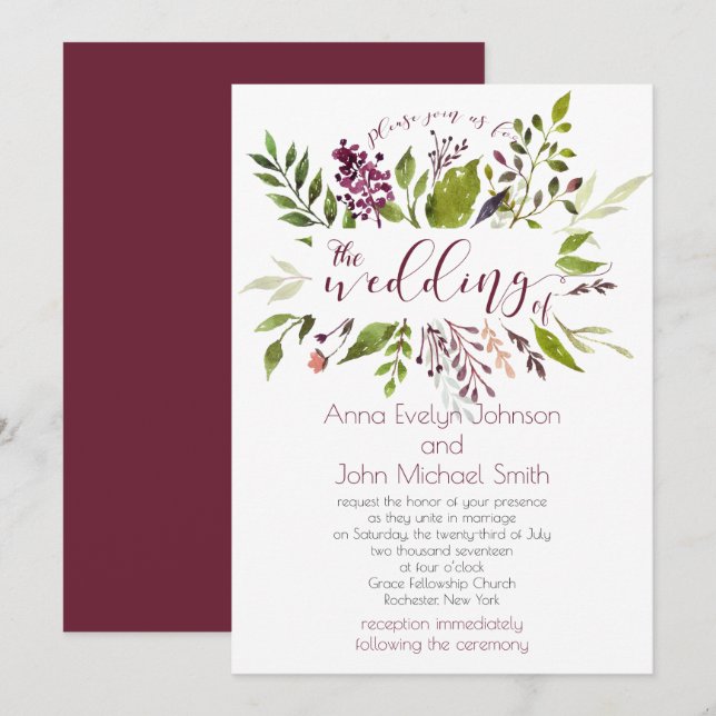 Rustic Watercolor Greenery Berries Vines Wedding | Invitation (Front/Back)