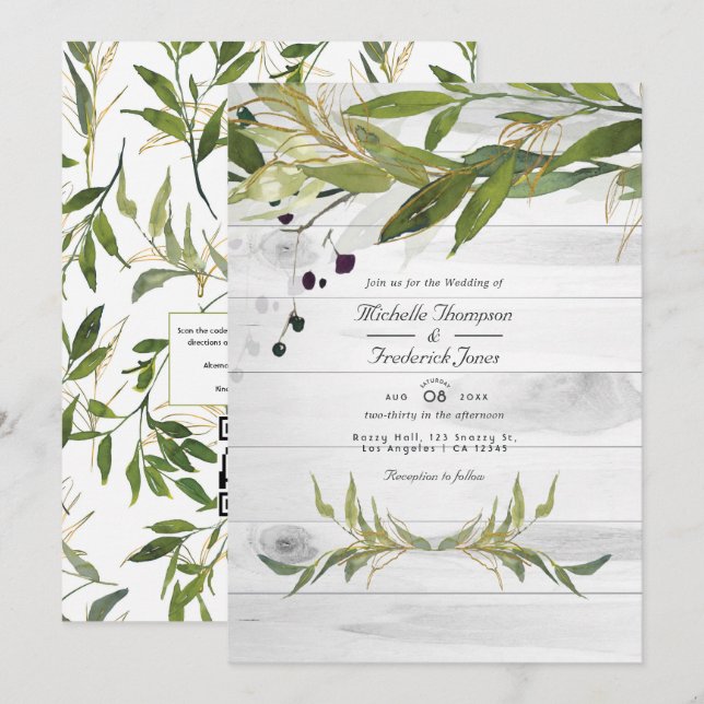 Rustic Watercolor Greenery Country QR Code Wedding Invitation (Front/Back)