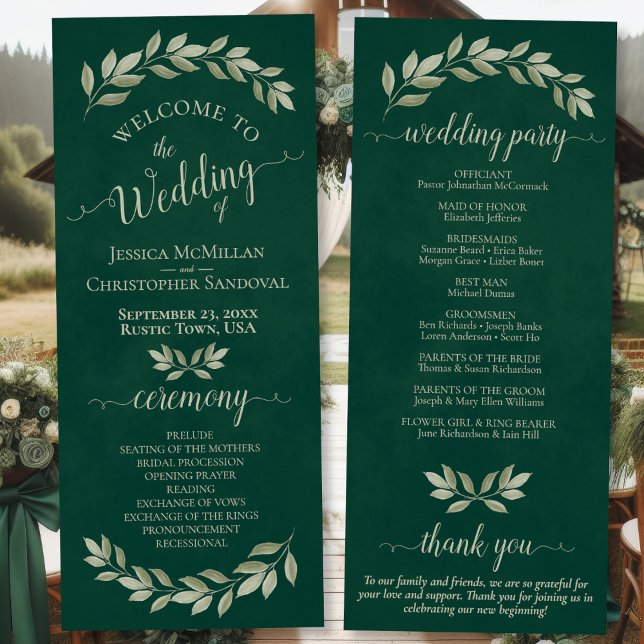 Rustic Watercolor Greenery Elegant Emerald Wedding Program (Front/Back)
