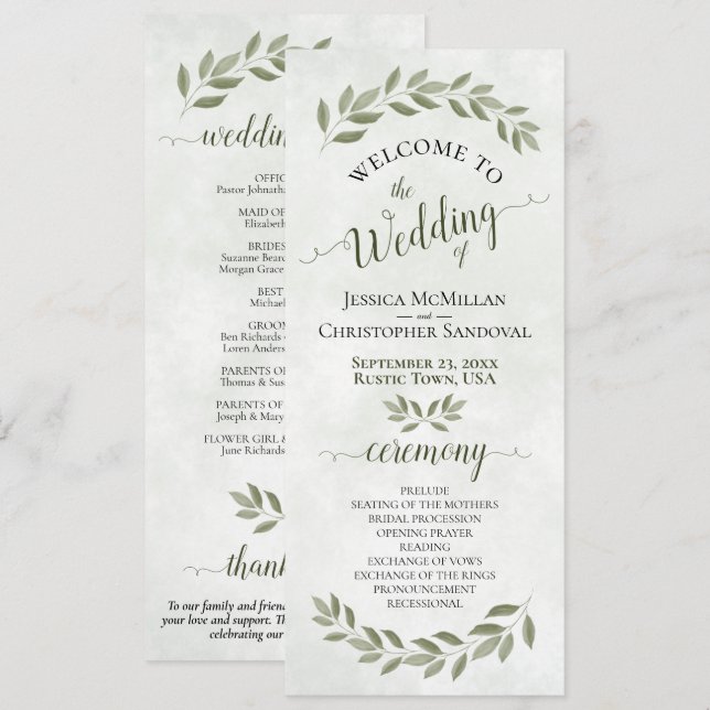 Rustic Watercolor Greenery Elegant Sage Wedding Program (Front/Back)