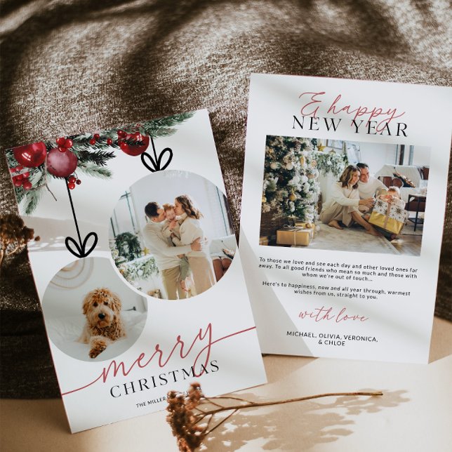 Rustic Watercolor Greenery Family Photo Holiday Card (Rustic Watercolor Ornament Family Photo Christmas Card)