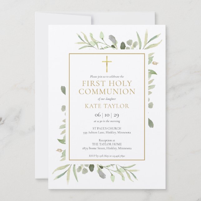 Rustic Watercolor Greenery First Holy Communion Invitation (Front)