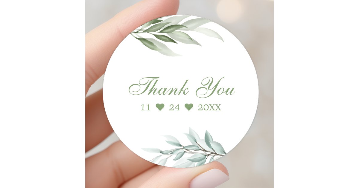 Rustic Watercolor Greenery Floral Thank You Classic Round Sticker | Zazzle