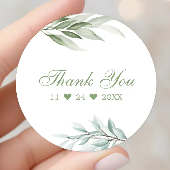 Rustic Watercolor Greenery Floral Thank You Classic Round Sticker | Zazzle