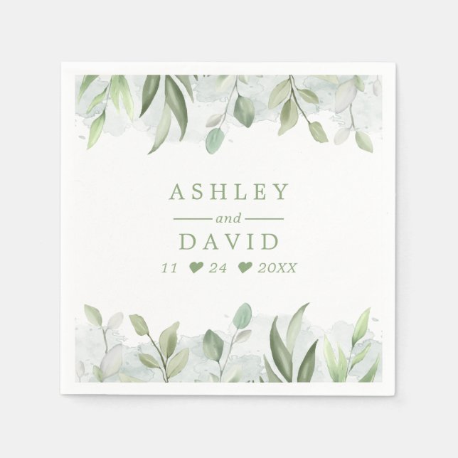 Rustic Watercolor Greenery Floral Wedding Napkins (Front)