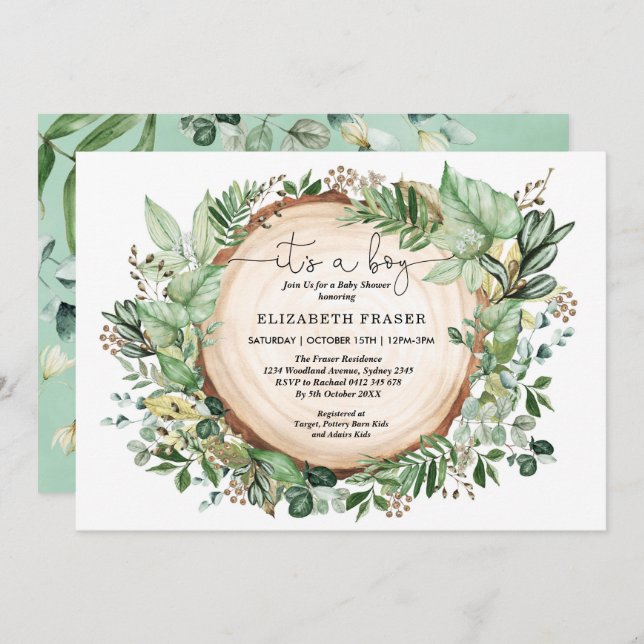 Rustic Watercolor Greenery Forest Boy Baby Shower Invitation (Front/Back)