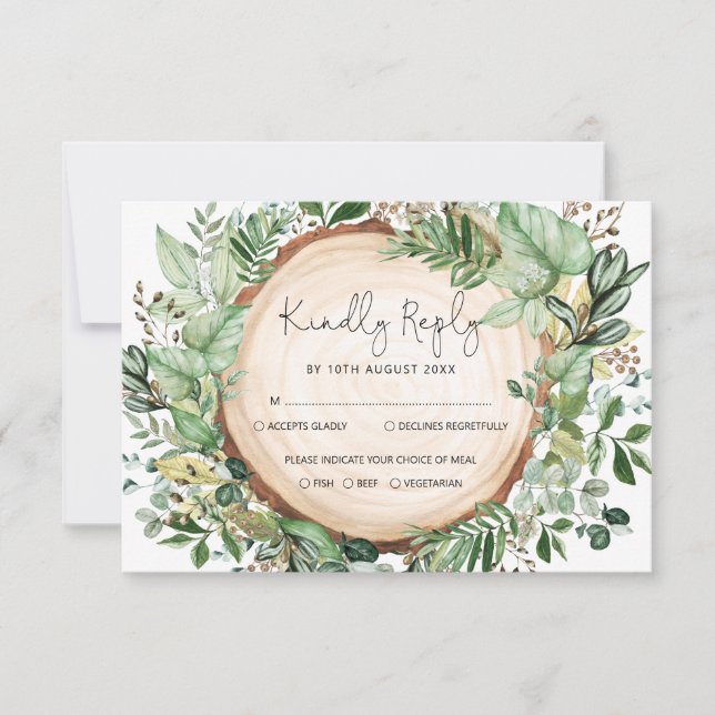 Rustic Watercolor Greenery Forest Wedding RSVP Card (Front)