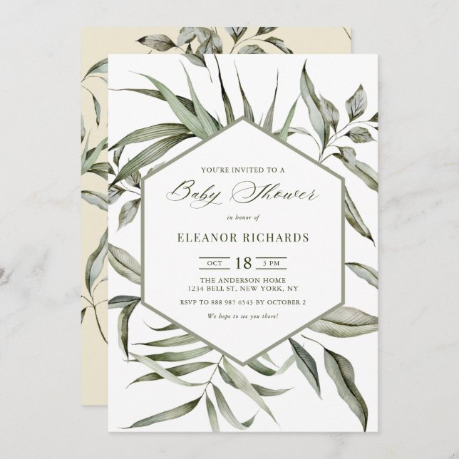 Rustic Watercolor Greenery Frame Baby Shower Invitation (Front/Back)