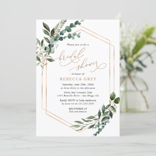 Rustic Watercolor Greenery Gold Bridal Shower Invitation | Zazzle