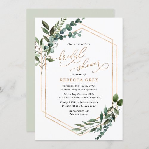 Rustic Watercolor Greenery Gold Bridal Shower Invitation - This elegant Rustic Greenery Gold collection features mixed watercolor greenery leaves with a gold geometric frame paired with a classy serif font in black. Matching items available.