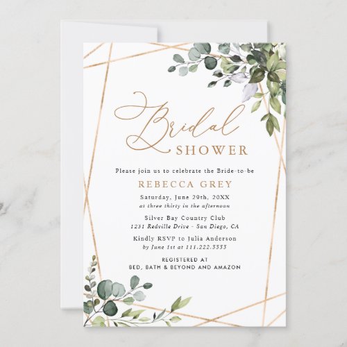 Rustic Watercolor Greenery Gold Bridal Shower Invitation