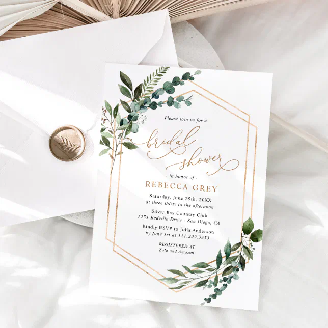 Rustic Watercolor Greenery Gold Bridal Shower Invitation | Zazzle