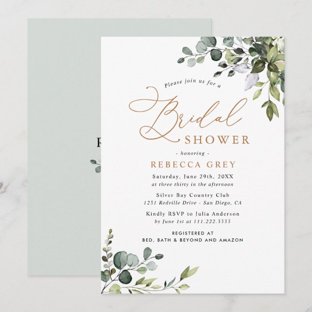 Rustic Watercolor Greenery Gold Bridal Shower Invitation (Front/Back)
