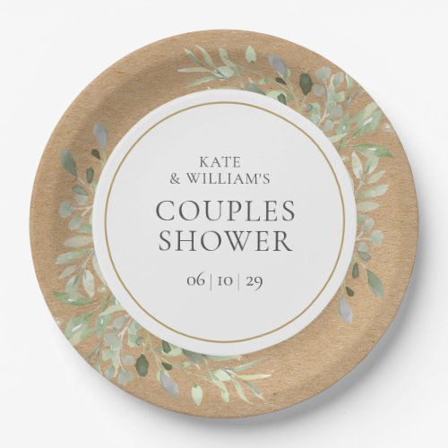 Rustic Watercolor Greenery Leaves Couples Shower Paper Plates