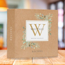 Rustic Watercolor Greenery Monogram Name Recipe 3 Ring Binder