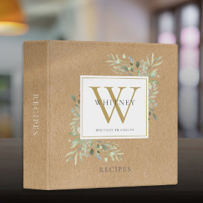 Rustic Watercolor Greenery Monogram Name Recipe 3 Ring Binder