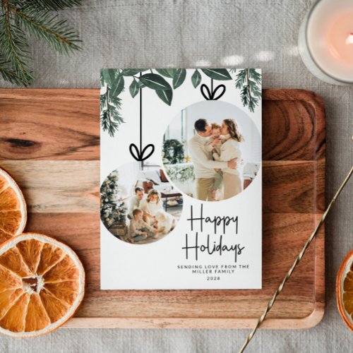 Rustic Watercolor Greenery Multiple Photo Holiday Card