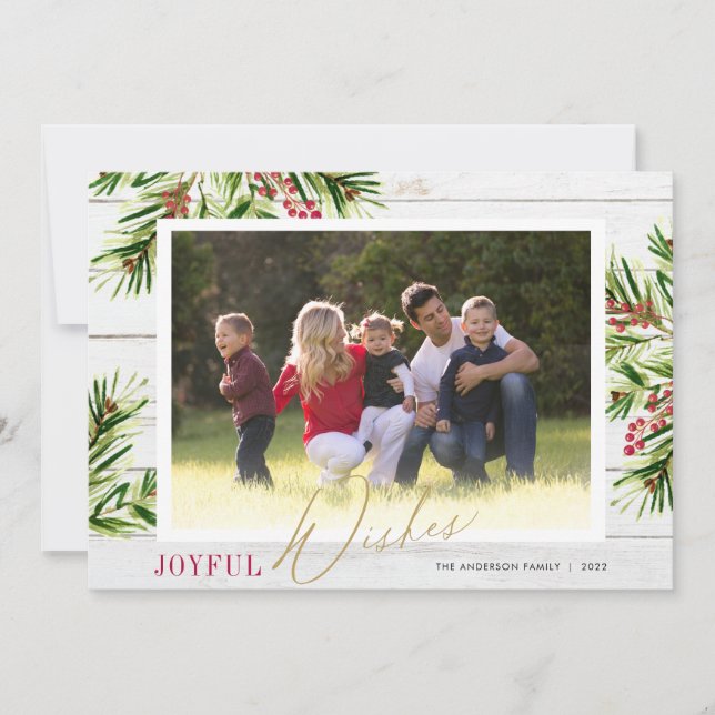 Rustic Watercolor Greenery Photo Joyful Wishes Holiday Card (Front)
