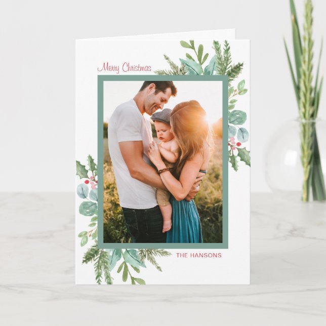 Rustic Watercolor Greenery Photo Merry Christmas Holiday Card (Front)