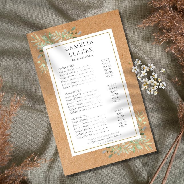 Rustic Watercolor Greenery Salon Service Menu Flyer (Creator Uploaded)