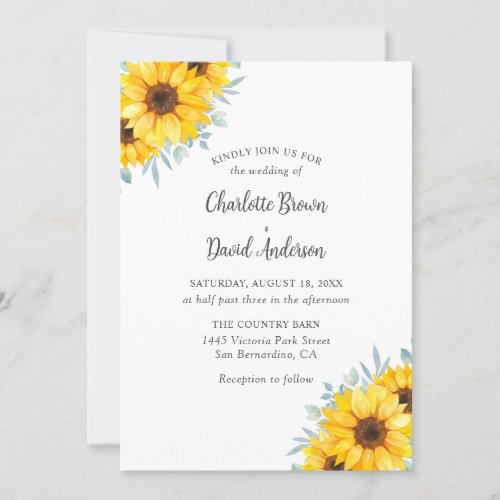 Rustic Watercolor Greenery Sunflower Wedding Invitation