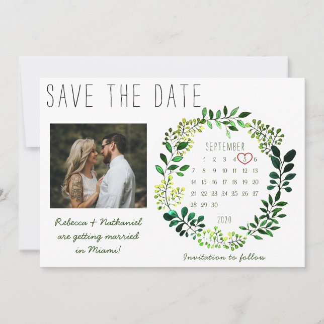 Rustic Watercolor Greenery Wedding Calendar Heart Save The Date (Front)
