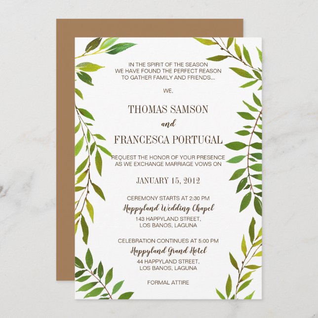Rustic Watercolor Greenery Wedding Invitation Card (Front/Back)