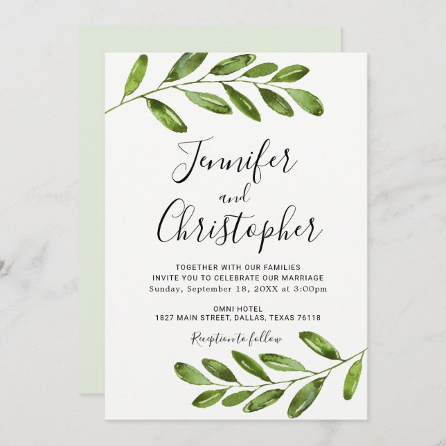 Rustic Watercolor Greenery Wedding Invitations (Front/Back)