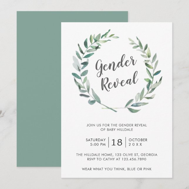 Rustic Watercolor Greenery Wreath Gender Reveal Invitation (Front/Back)