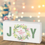 Rustic Watercolor Greenery Wreath Joy Family Name Wooden Box Sign<br><div class="desc">Decor your home or gift for someone special. This simple and rustic sign features "JOY" with the watercolor greenery wreath red berries being "O". Red modern typography for the family name in the center to make it personal. Modern typography for "J" and "Y" in dusty green.</div>