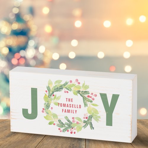 Rustic Watercolor Greenery Wreath Joy Family Name Wooden Box Sign