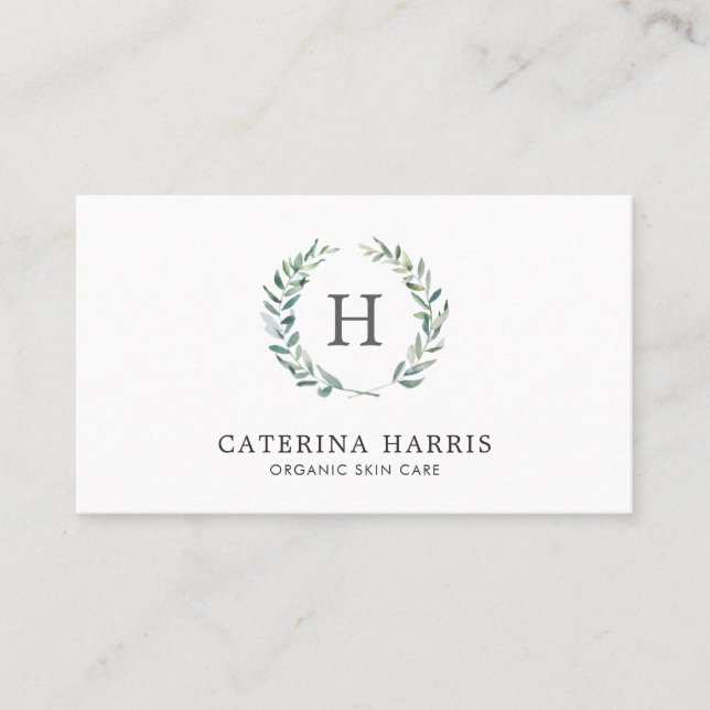 Rustic Watercolor Greenery Wreath Monogram Logo Business Card (Front)