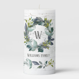 Rustic Watercolor Greenery Wreath Monogram Name Pillar Candle