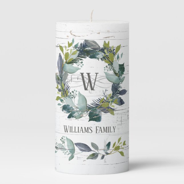 Rustic Watercolor Greenery Wreath Monogram Name Pillar Candle (Front)