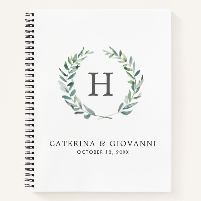 Rustic Watercolor Greenery Wreath Monogram Wedding Notebook (Front)