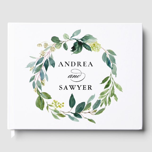 Rustic Watercolor Greenery Wreath Wedding Photo Guest Book (Front)