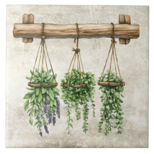 Rustic Watercolor Hanging Herbs with Twine Design Ceramic Tile